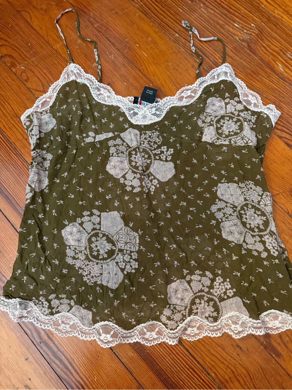 Guess Olive Green Floral Lace-Trim Camisole